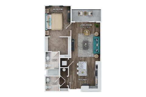 Floor plan for 1 bed, 1.5 baths, 796 sqft